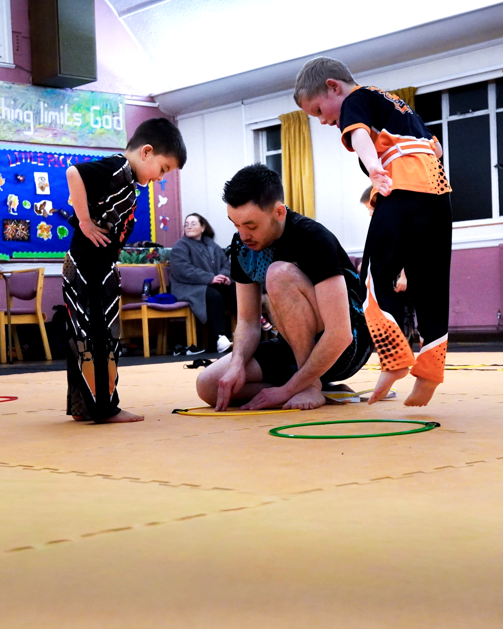 Children completing hoops drill in Kids Kickboxing class